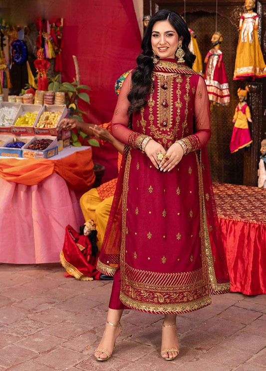 Embroidered Chiffon 3 Piece Unstitched Suit- EM 002-Party Wear